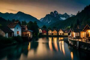 a river runs through a town at night. AI-Generated photo