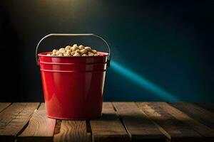 a red bucket filled with peanuts on a wooden table. AI-Generated photo