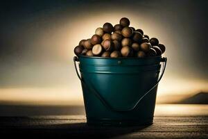 a bucket filled with nuts on a wooden table. AI-Generated photo