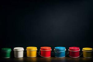 a row of paint buckets on a dark background. AI-Generated photo