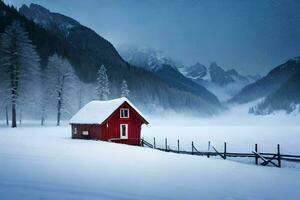 a red house sits in the snow next to a lake. AI-Generated photo