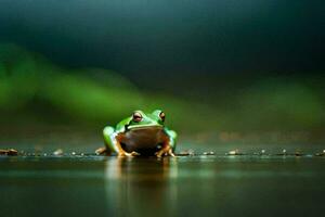 a frog sitting on the ground in the dark. AI-Generated photo
