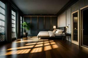 a bedroom with wood floors and black walls. AI-Generated photo