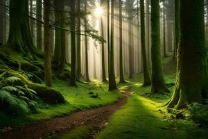 un camino mediante un verde bosque con arboles y rayos de sol generado por ai foto