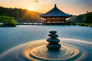 a japanese pagoda in the middle of a pond with stones. AI-Generated photo
