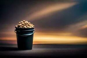 a bucket filled with peanuts on a table. AI-Generated photo