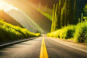 a road with trees and grass on both sides. AI-Generated photo