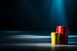 two red and yellow buckets on a dark floor. AI-Generated photo