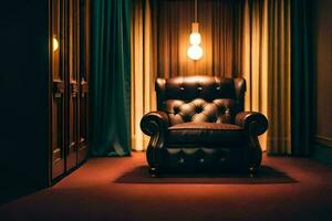 a leather chair in a dark room with curtains. AI-Generated photo