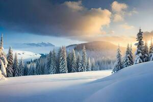 photo wallpaper the sky, snow, trees, mountains, sun, trees, the sky, winter. AI-Generated