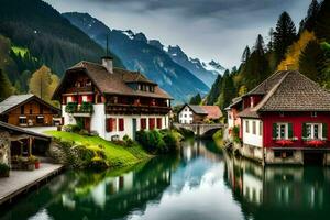 a river runs through a village in the mountains. AI-Generated photo