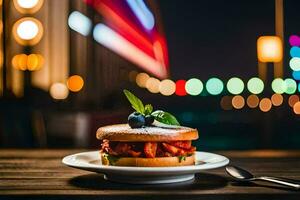 a sandwich on a plate with a light background. AI-Generated photo