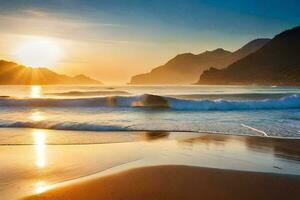 the sun rises over the ocean and mountains in this photo. AI-Generated photo