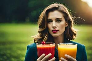 a woman holding two glasses of juice. AI-Generated photo