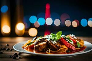 a plate of pasta with sauce and vegetables on a table. AI-Generated photo