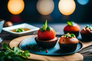 a plate with cupcakes and strawberries on it. AI-Generated photo