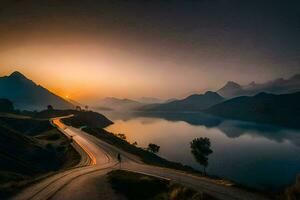 a road leading to a lake at sunset. AI-Generated photo