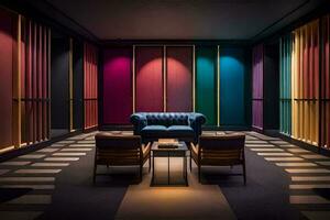 the lobby of a hotel with colorful walls. AI-Generated photo