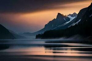 a lake and mountains are reflected in the water. AI-Generated photo