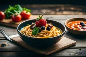 spaghetti with tomato sauce and meat on a wooden table. AI-Generated photo