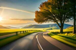 un la carretera con arboles y césped en el antecedentes. generado por ai foto