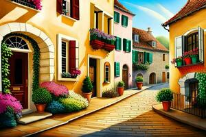 an illustration of a street in a european city. AI-Generated photo