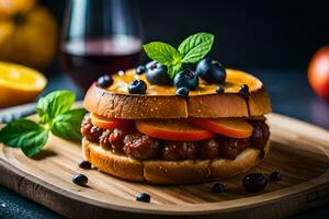 a hamburger with tomatoes and blueberries on a wooden cutting board. AI-Generated photo