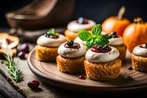 mini pumpkin pies with cream cheese frosting on a wooden plate. AI-Generated photo