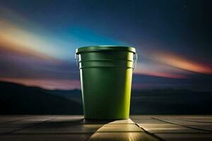 a green trash can sitting on a wooden floor. AI-Generated photo