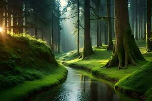 a stream runs through a forest with trees and grass. AI-Generated photo