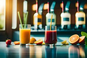 fresh fruit juice and juice in glass on counter. AI-Generated photo