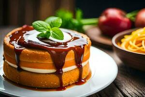 a cake with caramel sauce and apples on a plate. AI-Generated photo