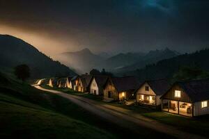 foto fondo de pantalla el cielo, montañas, casa, el oscuro, el montañas, el oscuro cielo,. generado por ai