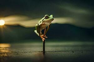 a frog is perched on a stick in front of the sun. AI-Generated photo