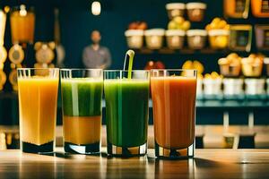 five different juices are lined up on a table. AI-Generated photo