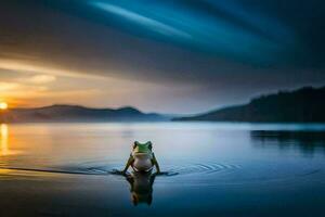 a frog standing in the water at sunset. AI-Generated photo