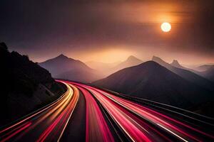 a long exposure photo of a road with light trails. AI-Generated