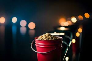 a bucket of sand sits on a table in front of a lighted background. AI-Generated photo