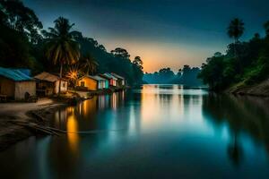 a river at sunset with houses and palm trees. AI-Generated photo