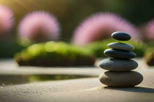 a stack of stones in the sand with purple flowers. AI-Generated photo