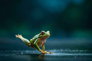 a frog is standing on its hind legs on a wet surface. AI-Generated photo