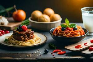 spaghetti, meatballs, and vegetables on a wooden table. AI-Generated photo