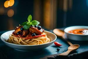 spaghetti with meat and tomato sauce in a bowl. AI-Generated photo