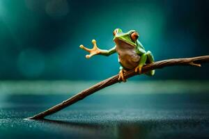 a frog sitting on a branch with its arms outstretched. AI-Generated photo