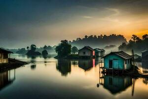 houses on the water at sunrise. AI-Generated photo