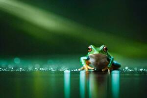 a frog sitting on a wet surface with water droplets. AI-Generated photo