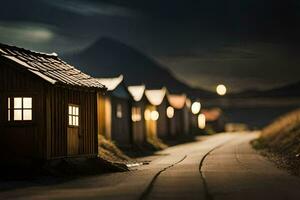 un fila de de madera casas en un la carretera a noche. generado por ai foto