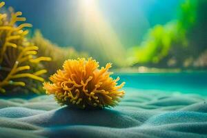 a yellow sea anemone on the sand. AI-Generated photo