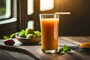 a glass of orange juice with a straw on a wooden table. AI-Generated photo