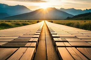 a wooden bridge stretches across a field with mountains in the background. AI-Generated photo